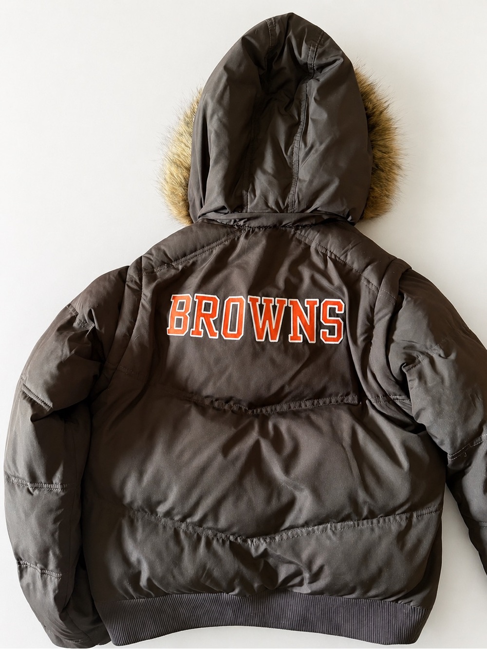 Reebok Brown Puffer Jacket with Orange 'BROWNS' Lettering